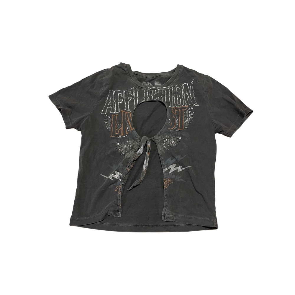 Affliction Live Fast Baby Tee Charcoal Rhinestone Cutout Tie Front Top Small